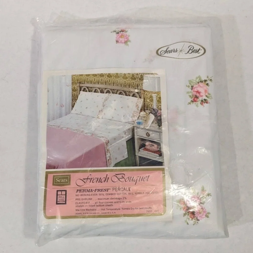 Vtg Sears Best French Bouquet Full Fitted Sheet Pink Rose Floral Percale USA New